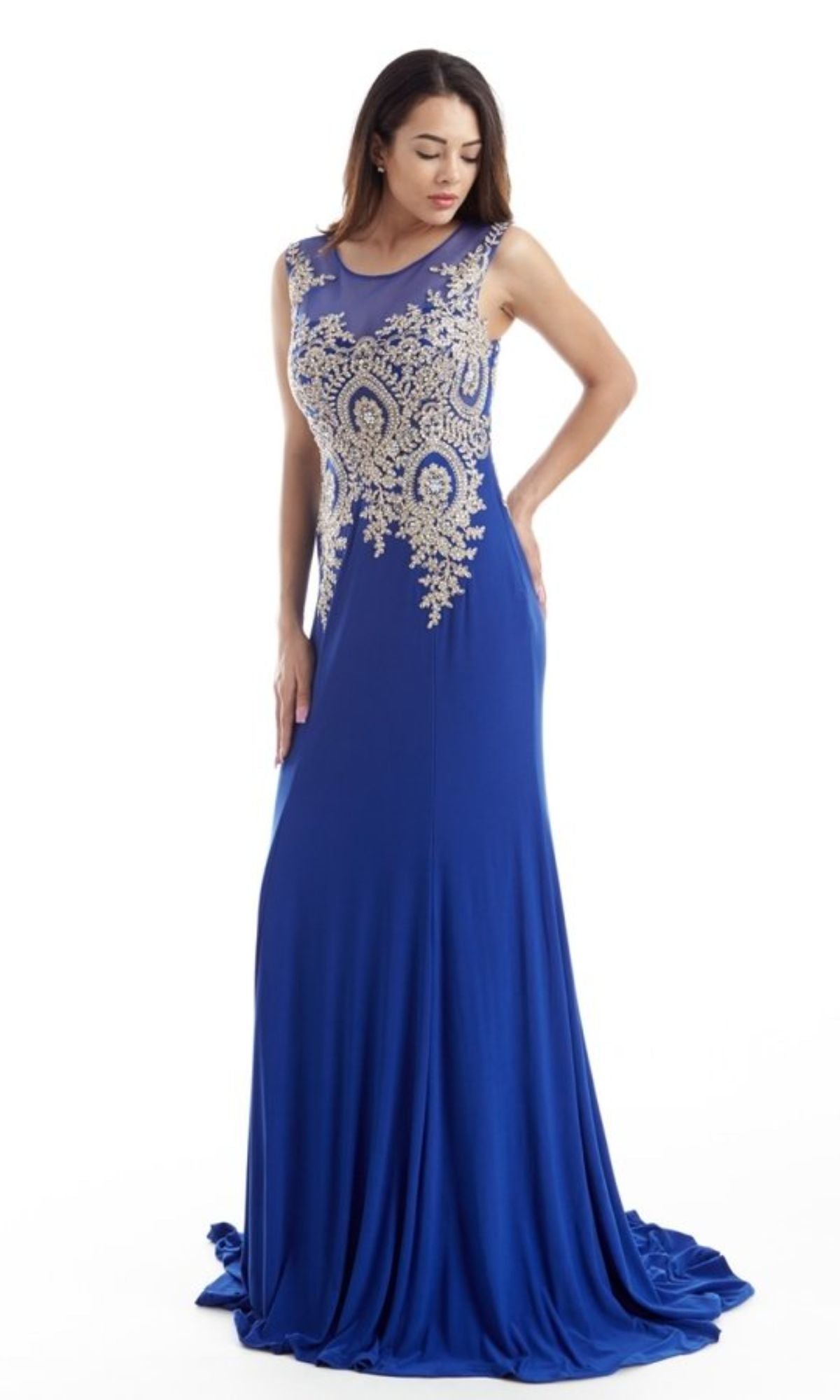 A woman poses against a white background wearing the Gold-Embroidered Long Prom Dress: Chicas C4233—a floor-length, sleeveless royal blue gown featuring intricate gold embroidery on the bodice.